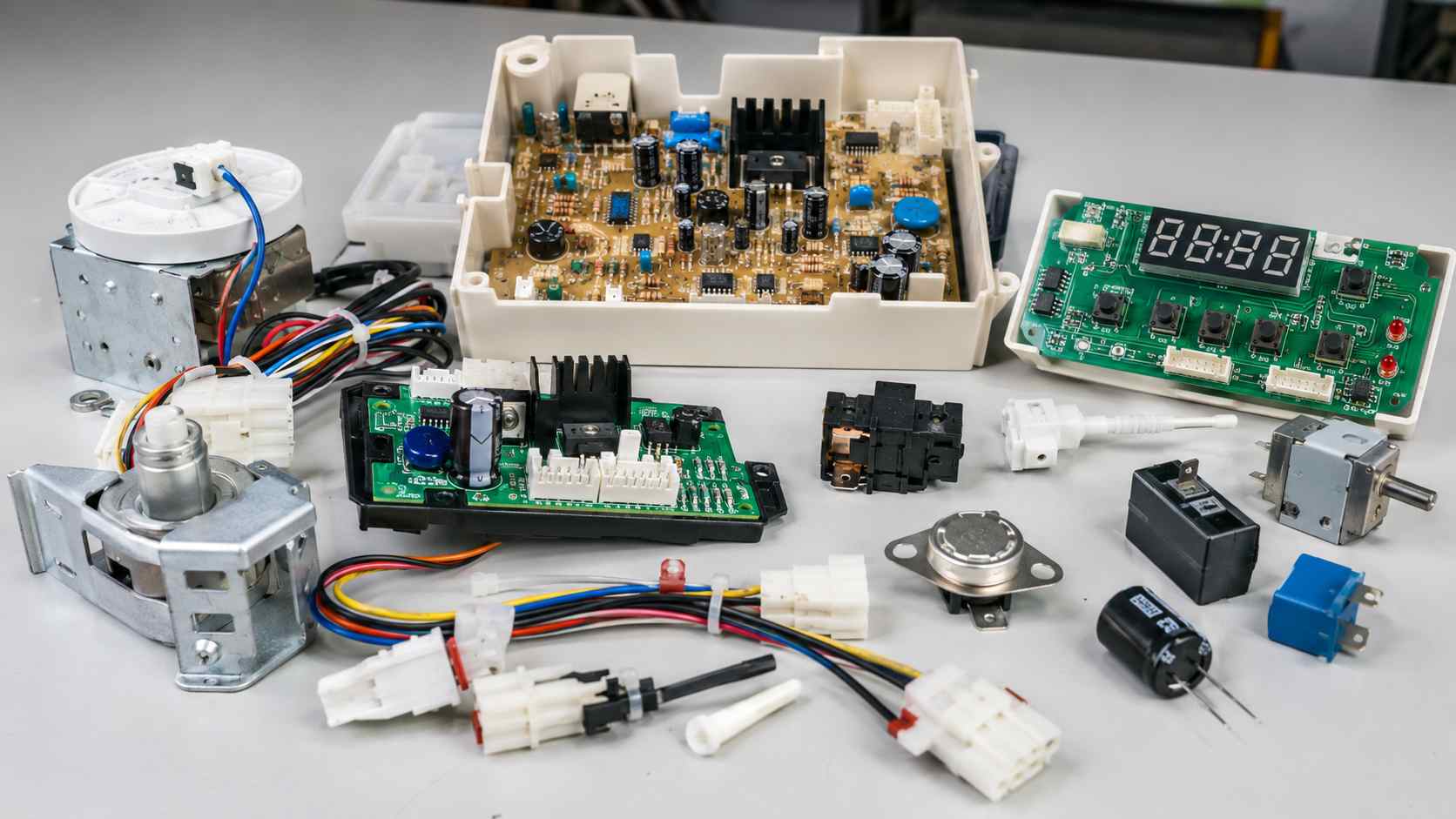 Elektronske komponente za kuhinjske uređaje poređane na radnom stolu.